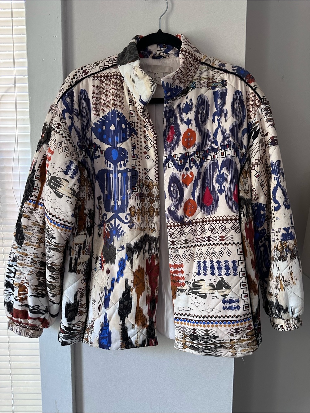 H&M Quilted Boho Ikat Print Belted Puffer Jacket Cord Size 4
